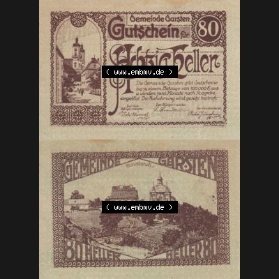 Notgeldscheine Oberösterreich Gemeinde Garsten 192x, 80 Heller. Vorderseite und Rückseite auf einen Digitalen Bild des oberösterreichischen Notgeldscheins im online Katalog... Sammlung