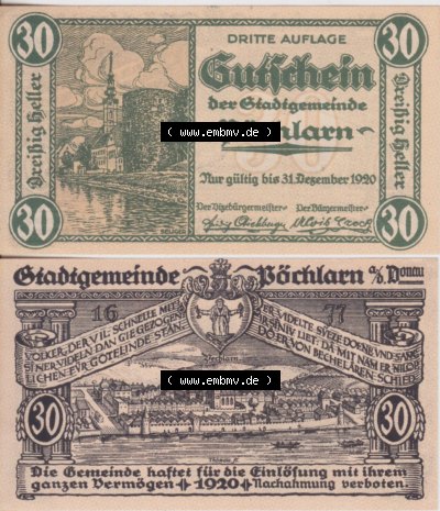 Notgeldscheine Niederösterreich Pöchlarn 1920, 30 Heller I. Vorderseite und Rückseite des Notgeldscheins auf einen Digitalen... Sammlung