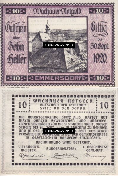 Notgeldscheine Niederösterreich Emmersdorf Wachauer Notgeld 1920, 10 Heller. Vorderseite und Rückseite des Notgeldscheins auf... Sammlung