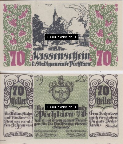 Notgeldscheine Niederösterreich Pöchlarn 1920, 70 Heller. Vorderseite und Rückseite des Notgeldscheins auf einen Digitalen... Sammlung