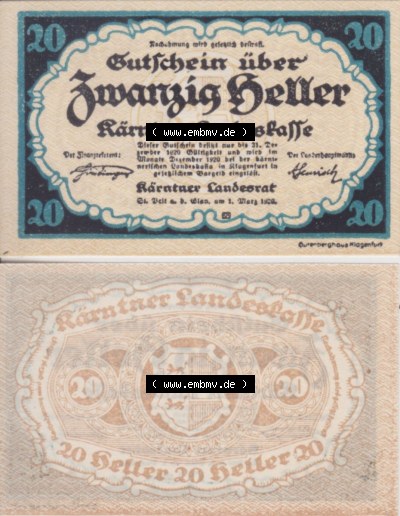 Notgeldscheine Kärnten Kärntner Landeskasse 1920, 20 Heller. Vorderseite und Rückseite des Notgeldscheins auf einen Digitalen... Sammlung