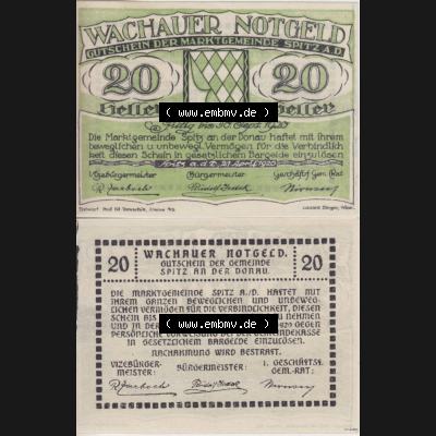 Notgeldscheine Niederösterreich Spitz Wachauer Notgeld 1920, 20 Heller. Vorderseite und Rückseite des Notgeldscheins auf einen Digitalen Bild zu katalogisieren der eigenen Notgeld-Sammlung... Sammlung