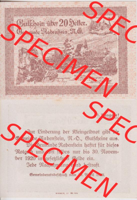 Notgeldscheine Niederösterreich Gemeinde Rabenstein 1920, 20 Heller. Vorderseite und Rückseite des Notgeldscheins auf einen Digitalen Bild zu katalogisieren der eigenen Notgeld-Sammlung... Sammlung
