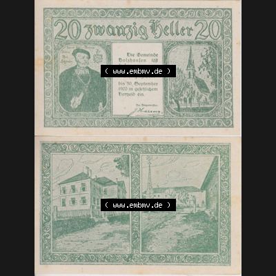 Notgeldscheine Oberösterreich Holzhausen 1920, 20 Hellerr. Vorderseite und Rückseite auf einen Digitalen Bild des oberösterreichischen Notgeldscheins im online Katalog für... Sammlung