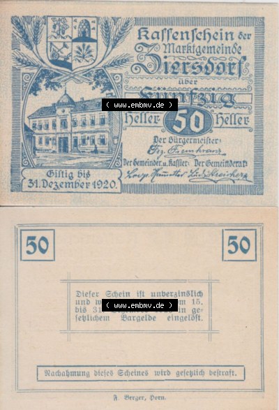 Notgeldscheine Niederösterreich Ziersdorf 1920, 50 Heller. Vorderseite und Rückseite des Notgeldscheins auf einen Digitalen... Sammlung