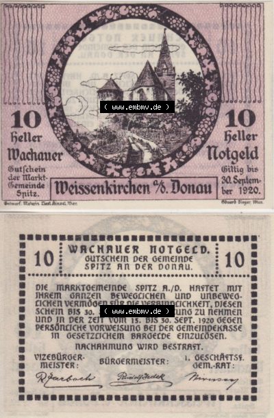 Notgeldscheine Niederösterreich Weissenkirchen in der Wachau, Wachauer Notgeld 1920, 10 Heller. Vorderseite und Rückseite des... Sammlung
