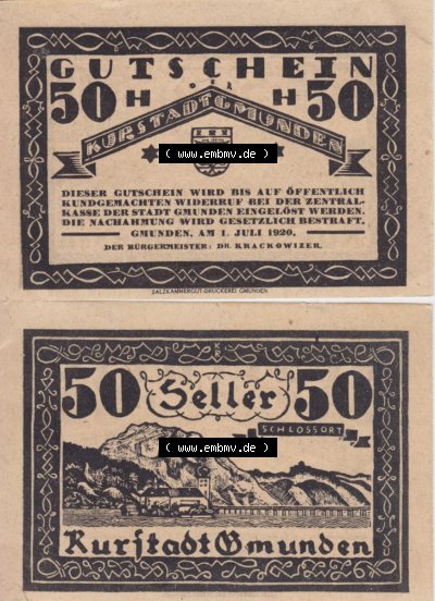 Notgeldscheine Oberösterreich Kurstadt Gmunden 1920, 50 Heller. Vorderseite und Rückseite auf einen Digitalen Bild des oberösterreichischen... Sammlung