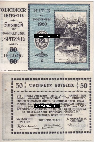 Notgeldscheine Niederösterreich Spitz Wachauer Notgeld 1920, I. 50 Heller. Vorderseite und Rückseite des Notgeldscheins auf... Sammlung
