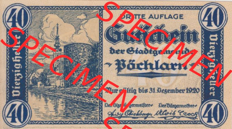 Notgeldscheine Niederösterreich Pöchlarn 1920, 40 Heller. Vorderseite des Notgeldscheins im online Katalog auf EMBMV zum katalogisieren der eigenen Sammlung für private Sammler... Sammlung