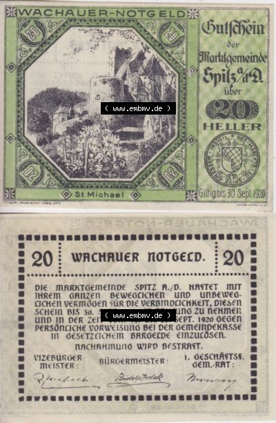 Notgeldscheine Niederösterreich Sankt Michael am Bruckbach 1920, 20 Heller. Vorderseite und Rückseite des Notgeldscheins auf... Sammlung