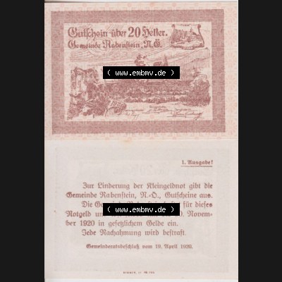 Notgeldscheine Niederösterreich Gemeinde Rabenstein 1920, 20 Heller. Vorderseite und Rückseite des Notgeldscheins auf einen Digitalen Bild zu katalogisieren der eigenen Notgeld-Sammlung... Sammlung