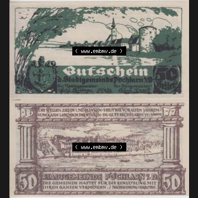 Notgeldscheine Niederösterreich Pöchlarn 1920, 50 Heller I. Vorderseite und Rückseite des Notgeldscheins auf einen Digitalen Bild zu katalogisieren der eigenen Notgeld-Sammlung... Sammlung