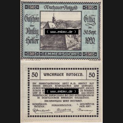 Notgeldscheine Niederösterreich Emmersdorf Wachauer Notgeld 1920, 50 Heller. Vorderseite und Rückseite des Notgeldscheins auf einen Digitalen Bild zu katalogisieren der eigenen Notgeld-Sammlung... Sammlung