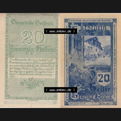 Notgeldscheine Oberösterreich Gemeinde Goisern 20 Heller. Vorderseite und Rückseite auf einen Digitalen Bild des oberösterreichischen Notgeldscheins im online Katalog für private... Sammlung