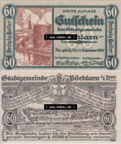 Notgeldscheine Niederösterreich Pöchlarn 1920, 60 Heller. Vorderseite und Rückseite des Notgeldscheins auf einen Digitalen... Sammlung