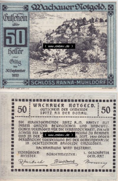 Notgeldscheine Niederösterreich Schloss Ranna-Mühldorf 1920, 50 Heller. Vorderseite und Rückseite des Notgeldscheins auf einen... Sammlung