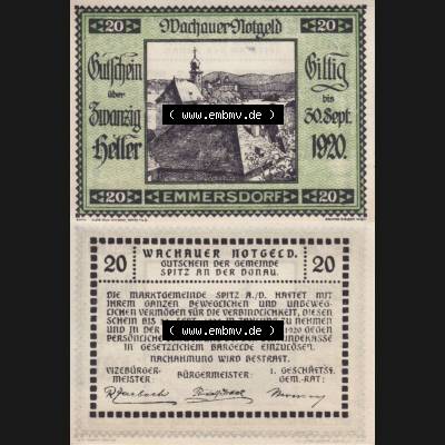 Notgeldscheine Niederösterreich Emmersdorf Wachauer Notgeld 1920, 20 Heller. Vorderseite und Rückseite des Notgeldscheins auf einen Digitalen Bild zu katalogisieren der eigenen Notgeld-Sammlung... Sammlung