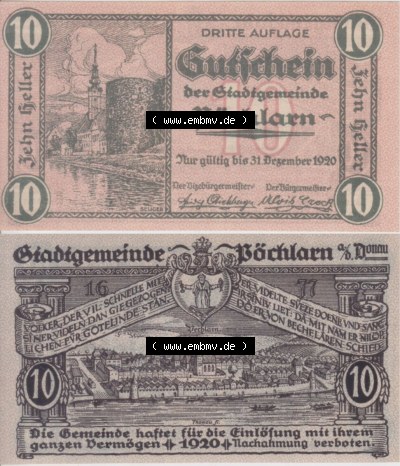 Notgeldscheine Niederösterreich Pöchlarn 1920, 10 Heller II. Vorderseite und Rückseite des Notgeldscheins auf einen Digitalen... Sammlung