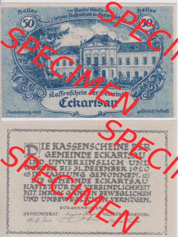 Notgeldscheine Niederösterreich Eckartsau 1920, 50 Heller. Vorderseite und Rückseite des Notgeldscheins auf einen Digitalen Bild zu katalogisieren der eigenen Notgeld-Sammlung im... Sammlung