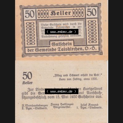 Notgeldscheine Niederösterreich Gemeinde Traiskirchen 1920, 50 Heller II. Vorderseite und Rückseite des Notgeldscheins auf einen Digitalen Bild zu katalogisieren der eigenen Notgeld-Sammlung... Sammlung