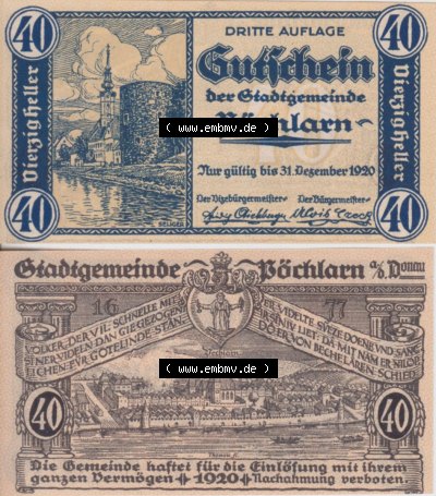 Notgeldscheine Niederösterreich Pöchlarn 1920, 40 Heller. Vorderseite und Rückseite des Notgeldscheins auf einen Digitalen... Sammlung