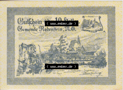 Notgeldscheine Niederösterreich Gemeinde Rabenstein 1920, 10 Heller. Vorderseite des Notgeldscheins im online Katalog auf EMBMV... Sammlung