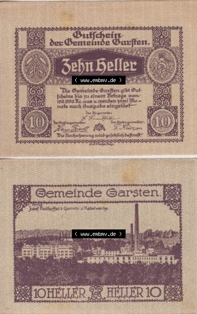 Notgeldscheine Oberösterreich Gemeinde Garsten 10 Heller. Vorderseite und Rückseite auf einen Digitalen Bild des oberösterreichischen... Sammlung