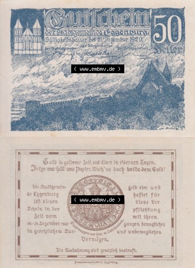Notgeldscheine Niederösterreich Eggenburg 1920, 50 Heller II. Vorderseite und Rückseite des Notgeldscheins auf einen Digitalen... Sammlung