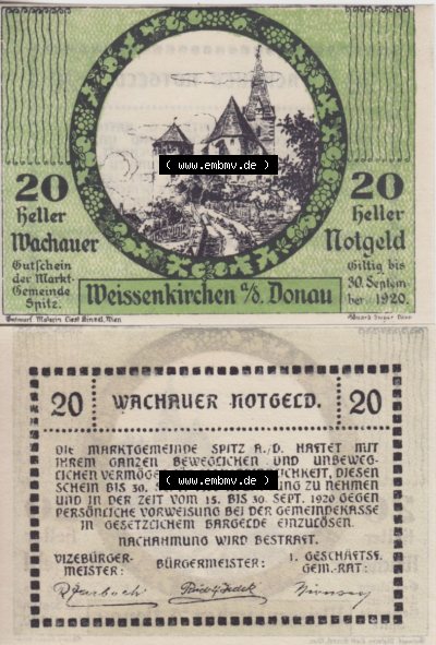 Notgeldscheine Niederösterreich Weissenkirchen in der Wachau, Wachauer Notgeld 1920, 20 Heller. Vorderseite und Rückseite des... Sammlung