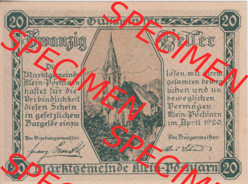 Notgeldscheine Niederösterreich Klein Pöchlarn 1920, 20 Heller. Vorderseite des Notgeldscheins im online Katalog auf EMBMV zum katalogisieren der eigenen Sammlung für private... Sammlung