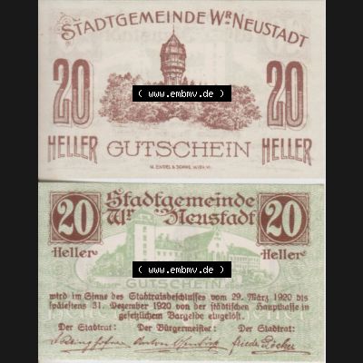 Notgeldscheine Niederösterreich Wiener-Neustadt, Stadt-Gemeinde 1920, 20 Heller. Vorderseite und Rückseite des Notgeldscheins auf einen Digitalen Bild zu katalogisieren der... Sammlung