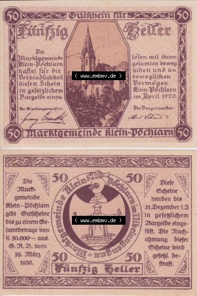 Notgeldscheine Niederösterreich Klein Pöchlarn 1920, 50 Heller. Vorderseite und Rückseite des Notgeldscheins auf einen Digitalen... Sammlung