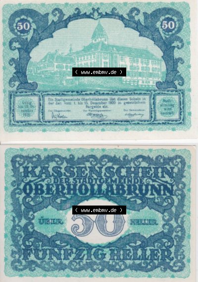 Notgeldscheine Niederösterreich Oberhollabrunn Kassenschein 50 Heller. Vorderseite und Rückseite des Notgeldscheins auf einen... Sammlung