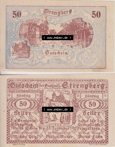Notgeldscheine Niederösterreich Strengberg, Gemeinde 50 Heller. Vorderseite und Rückseite des Notgeldscheins auf einen Digitalen... Sammlung
