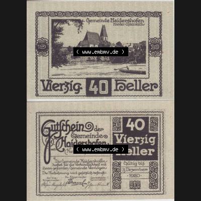 Notgeldscheine Niederösterreich Haidershofen 1920, 40 Heller. Vorderseite und Rückseite des Notgeldscheins auf einen Digitalen Bild zu katalogisieren der eigenen Notgeld-Sammlung... Sammlung