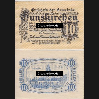Notgeldscheine Oberösterreich Gunskirchen, Gemeinde 1920, 10 Heller. Vorderseite und Rückseite auf einen Digitalen Bild des oberösterreichischen Notgeldscheins im online... Sammlung