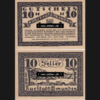 Notgeldscheine Oberösterreich Kurstadt Gmunden 1920, 10 Heller. Vorderseite und Rückseite auf einen Digitalen Bild des oberösterreichischen Notgeldscheins im online Katalog... Sammlung