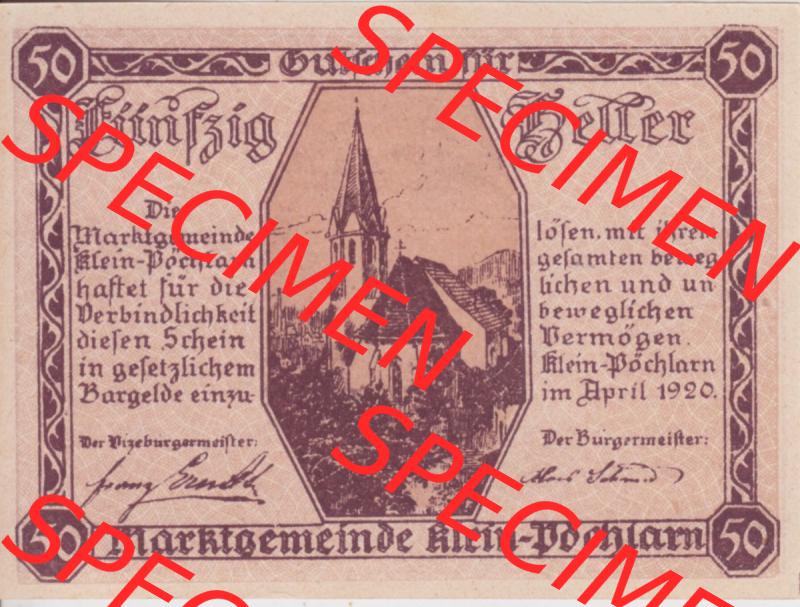 Notgeldscheine Niederösterreich Klein Pöchlarn 1920, 50 Heller. Vorderseite des Notgeldscheins im online Katalog auf EMBMV zum katalogisieren der eigenen Sammlung für private... Sammlung