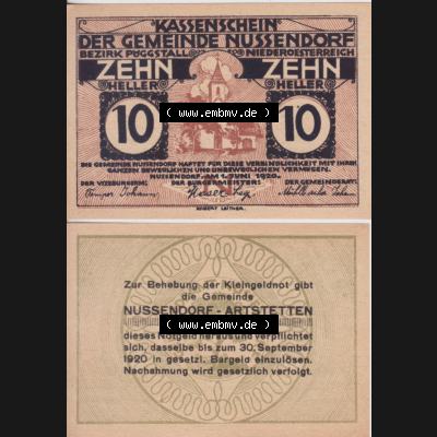 Notgeldscheine Niederösterreich Nussendorf - Artstetten 1920, 10 Heller. Vorderseite und Rückseite des Notgeldscheins auf einen Digitalen Bild zu katalogisieren der eigenen Notgeld-Sammlung... Sammlung