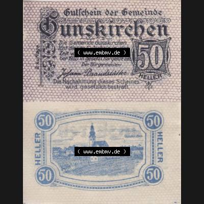 Notgeldscheine Oberösterreich Gunskirchen, Gemeinde 1920, 50 Heller. Vorderseite und Rückseite auf einen Digitalen Bild des oberösterreichischen Notgeldscheins im online... Sammlung