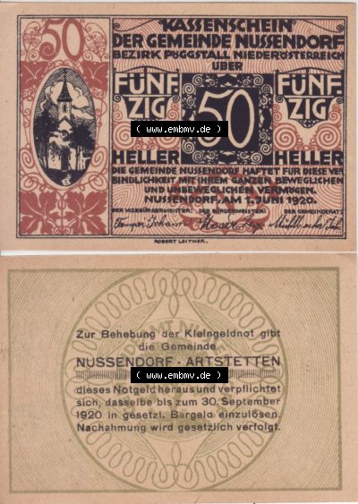 Notgeldscheine Niederösterreich Nussendorf - Artstetten 1920, 50 Heller. Vorderseite und Rückseite des Notgeldscheins auf einen... Sammlung
