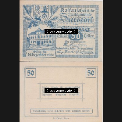 Notgeldscheine Niederösterreich Ziersdorf 1920, 50 Heller. Vorderseite und Rückseite des Notgeldscheins auf einen Digitalen Bild zu katalogisieren der eigenen Notgeld-Sammlung im... Sammlung