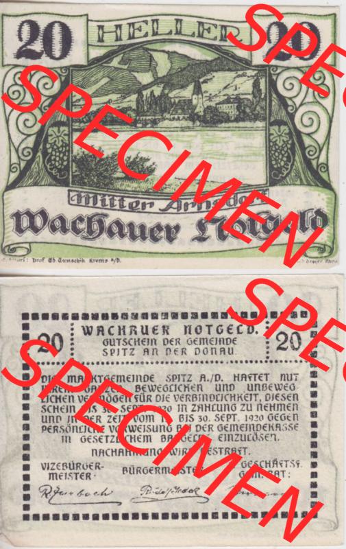 Notgeldscheine Niederösterreich Mitterarnsdorf Wachauer Notgeld 1920, 20 Heller Wachauer Notgeld. Vorderseite und Rückseite des Notgeldscheins auf einen Digitalen Bild zu katalogisieren... Sammlung
