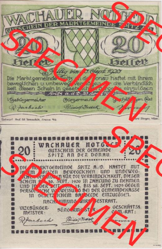 Notgeldscheine Niederösterreich Spitz Wachauer Notgeld 1920, 20 Heller. Vorderseite und Rückseite des Notgeldscheins auf einen Digitalen Bild zu katalogisieren der eigenen Notgeld-Sammlung... Sammlung