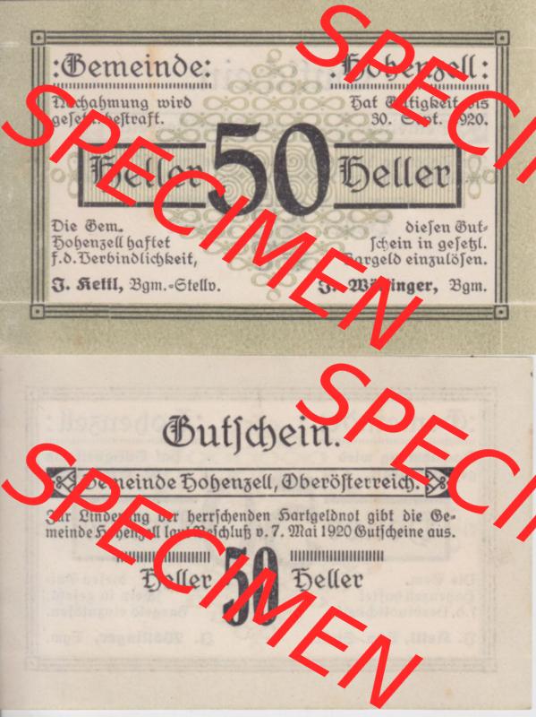 Notgeldscheine Oberösterreich Hohenzell 1920, 50 Heller. Vorderseite und Rückseite auf einen Digitalen Bild des oberösterreichischen Notgeldscheins im online Katalog für... Sammlung