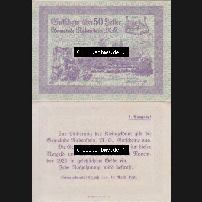 Notgeldscheine Niederösterreich Gemeinde Rabenstein 1920, 50 Heller. Vorderseite und Rückseite des Notgeldscheins auf einen Digitalen Bild zu katalogisieren der eigenen Notgeld-Sammlung... Sammlung