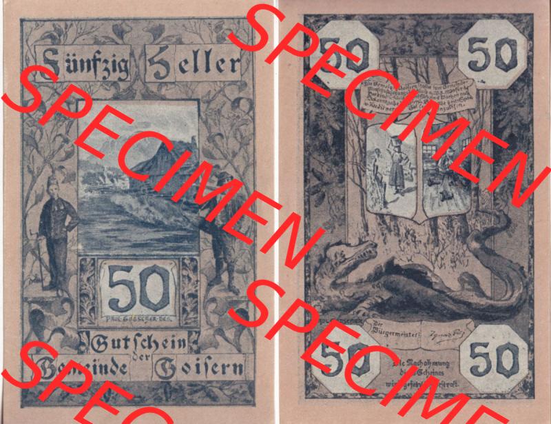 Notgeldscheine Oberösterreich Gemeinde Goisern 50 Heller. Vorderseite und Rückseite auf einen Digitalen Bild des oberösterreichischen Notgeldscheins im online Katalog für private... Sammlung