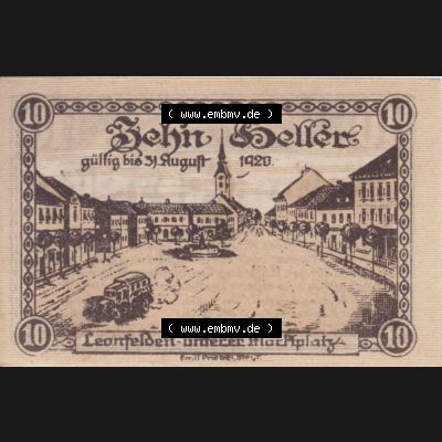 Notgeldscheine Oberösterreich Leonfelden, Markt-Gemeinde 1920, 10 Heller. Vorderseite des oberösterreichischen Notgeldscheins im online Katalog auf EMBMV zum katalogisieren... Sammlung