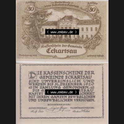 Notgeldscheine Niederösterreich Eckartsau 1920, 80 Heller. Vorderseite und Rückseite des Notgeldscheins auf einen Digitalen Bild zu katalogisieren der eigenen Notgeld-Sammlung im... Sammlung