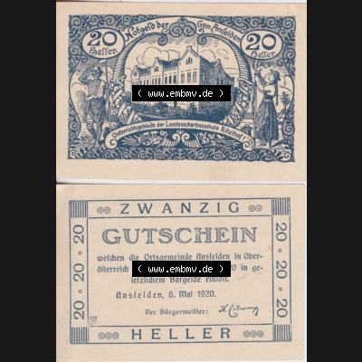 Notgeldscheine Oberösterreich Ansfelden Ortsgemeinde 1920, 20 Heller. Vorderseite und Rückseite auf einen Digitalen Bild des oberösterreichischen Notgeldscheins im online Katalog... Sammlung